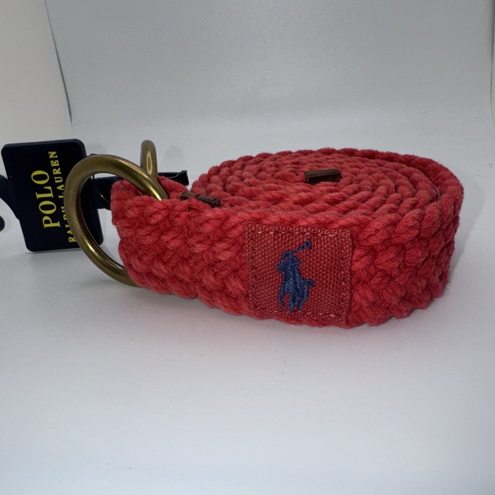POLO RALPH LAUREN Weathered Red Braided Cotton Leather Trim O Ring Belt M NEW